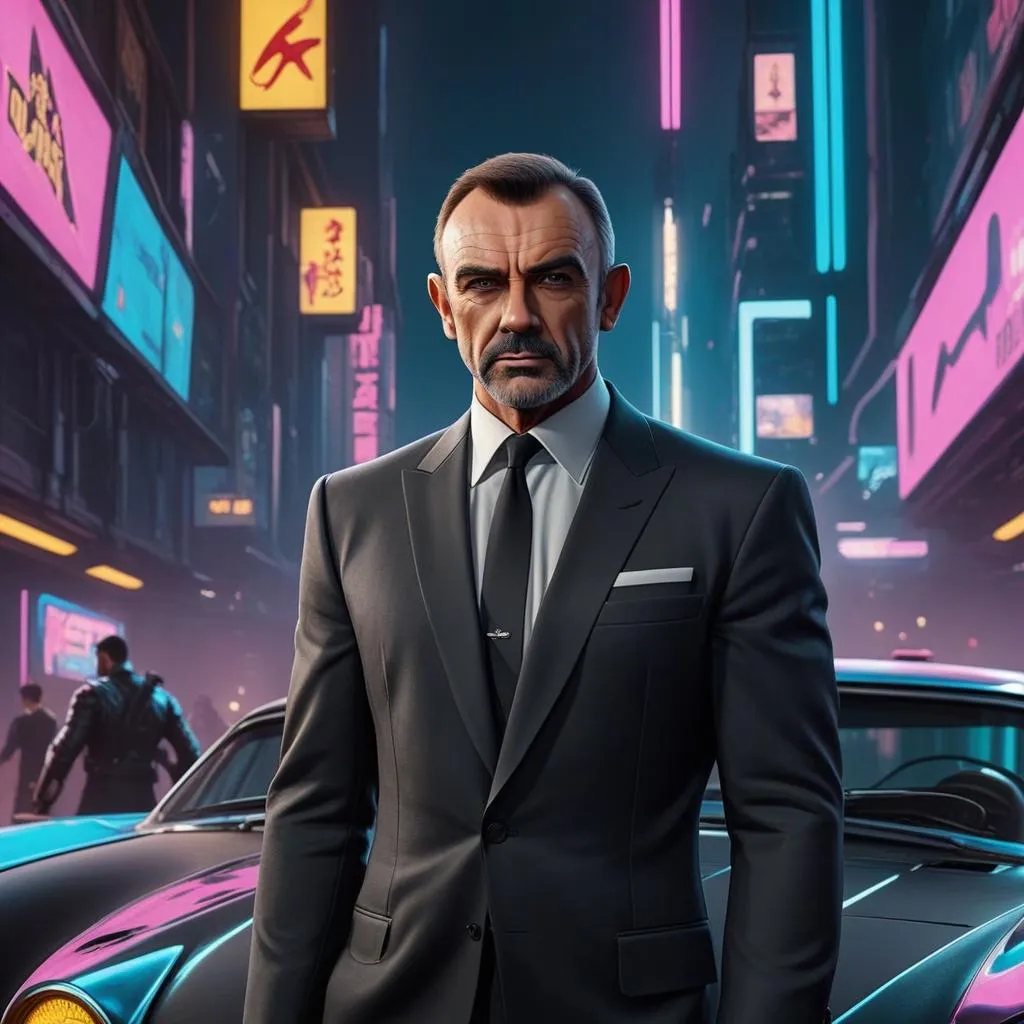 An AI generated image using stable diffusion portraying a stern-faced man in a black suit standing in front of a futuristic, neon-lit cityscape with a sleek black car beside him.