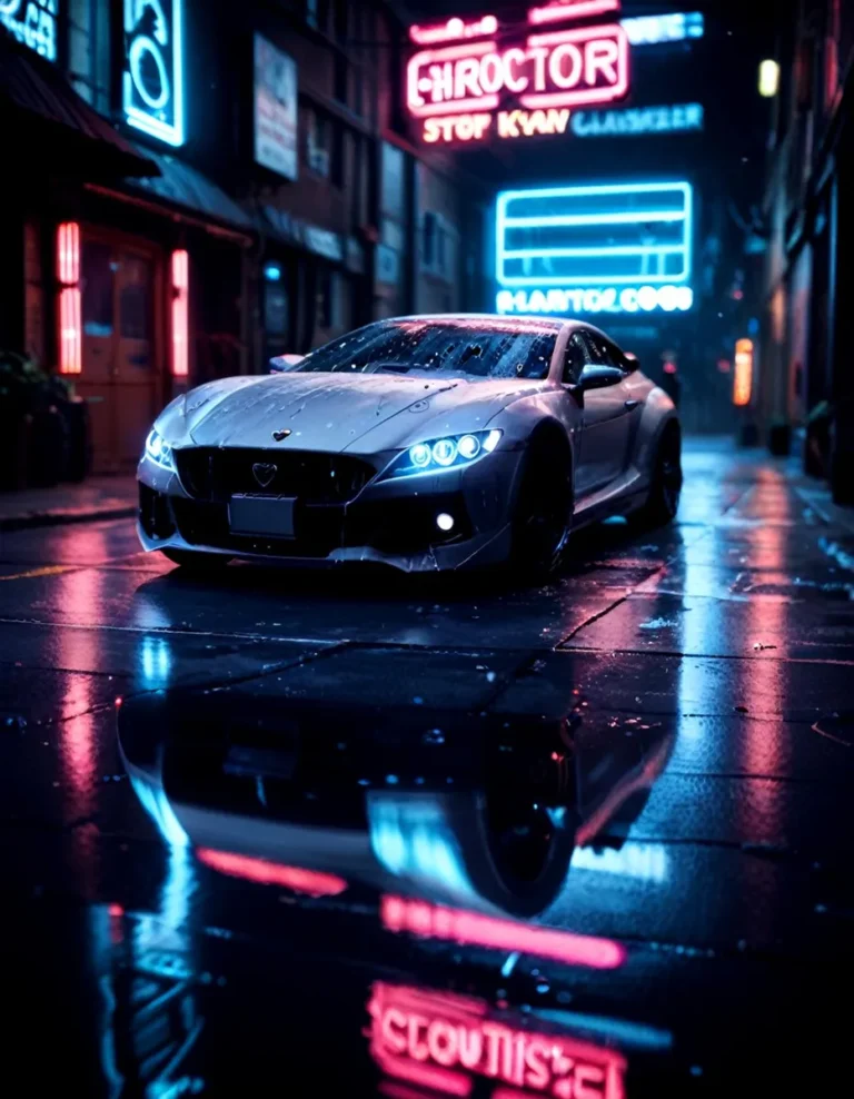 A cyberpunk car with neon lights reflecting on a wet, dark alley, an AI generated image using stable diffusion.