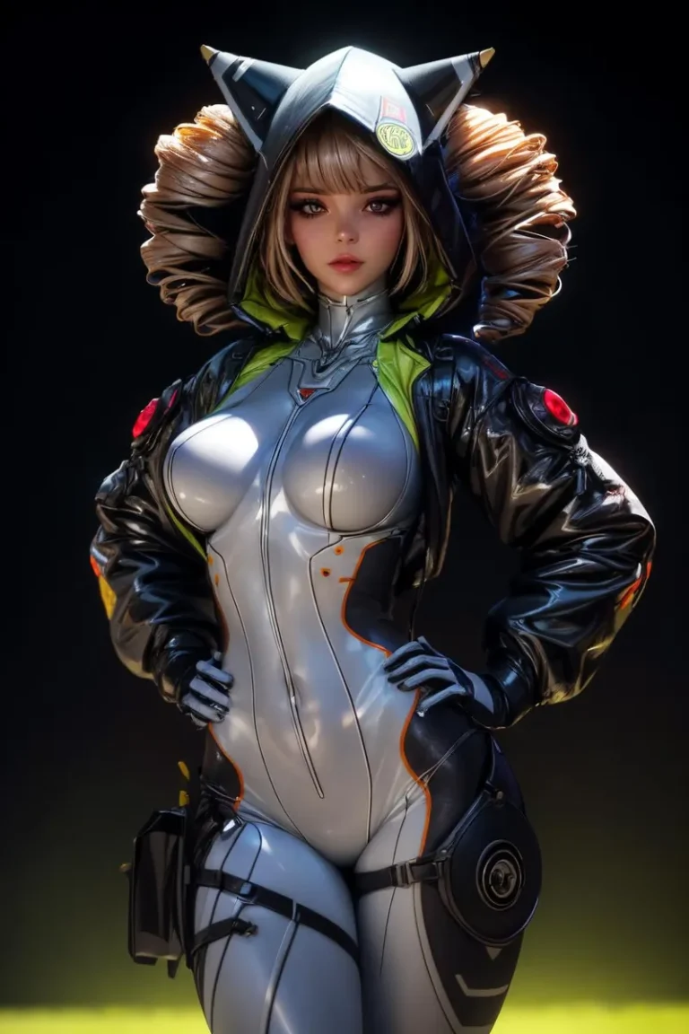 Cyberpunk woman with blonde hair, wearing a futuristic cat-inspired suit and hoodie. AI generated image using stable diffusion.