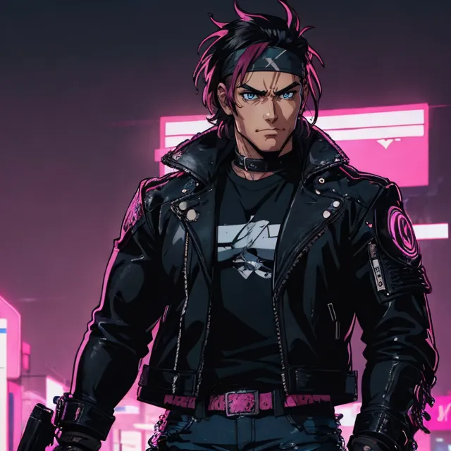Cyberpunk character in a futuristic city with neon lights, wearing a leather jacket and looking determined, AI generated image using Stable Diffusion.