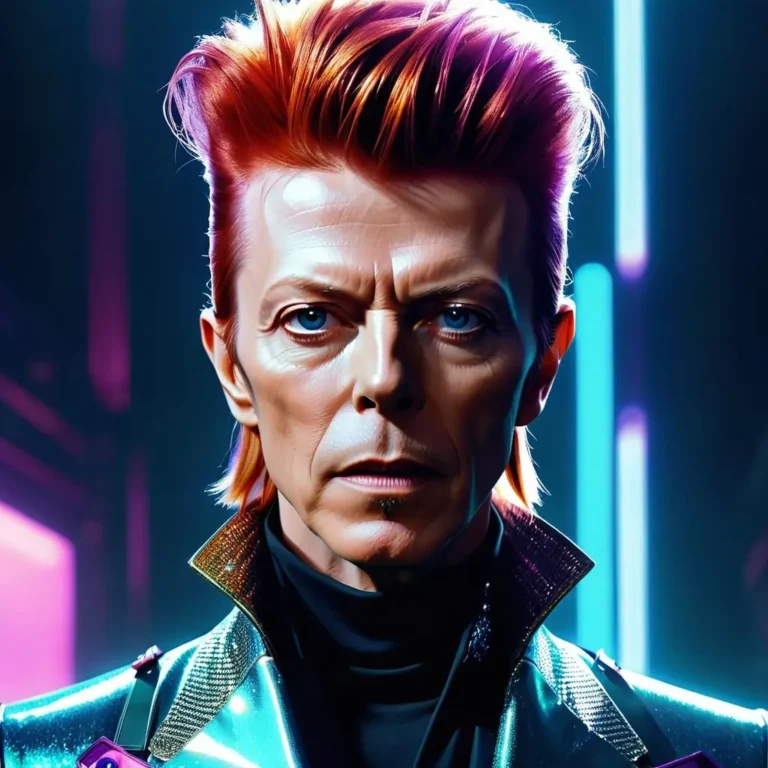 A striking AI-generated futuristic portrait of a cyberpunk character with vibrant red hair and detailed facial features in a neon-lit background, using Stable Diffusion