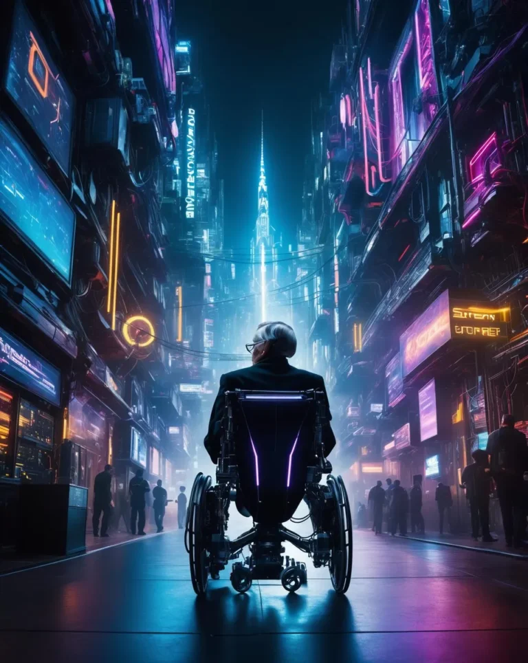 A person in a high-tech wheelchair viewed from the back, overlooking a cyberpunk city street with vibrant neon lights. The scene exudes a futuristic ambiance with digital billboards and tall buildings. This is an AI generated image using Stable Diffusion.