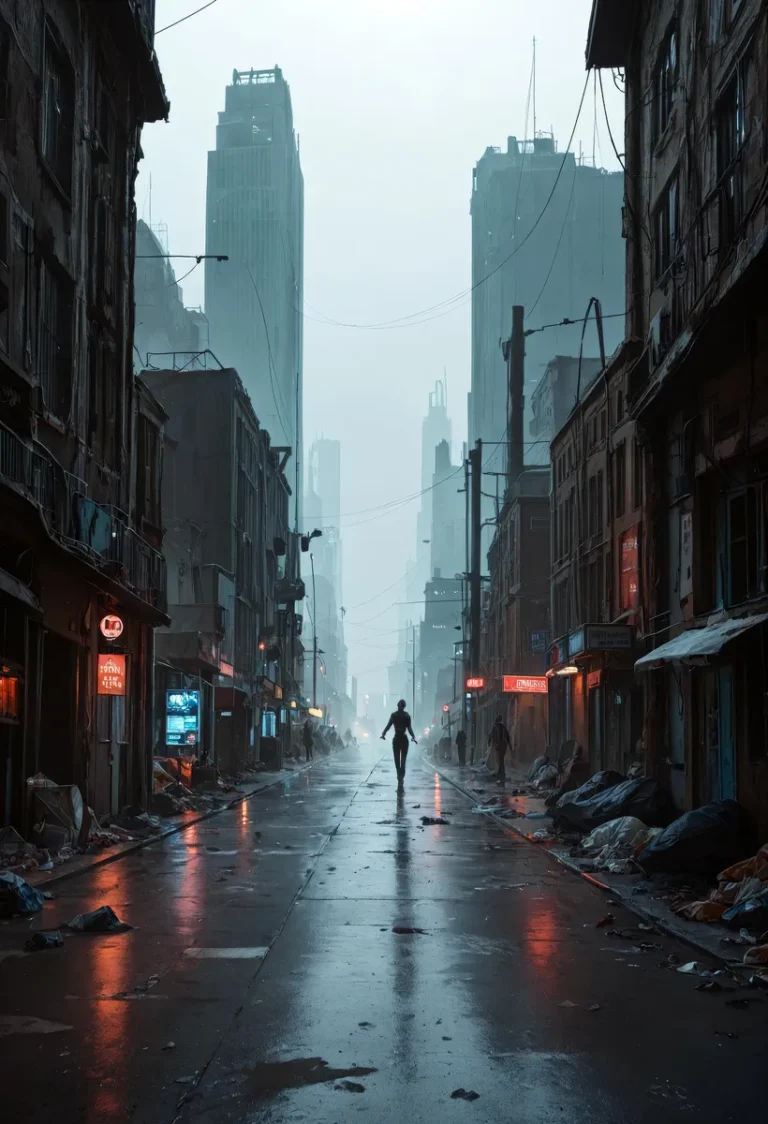 AI generated image using Stable Diffusion depicting a cyberpunk cityscape with a lonely silhouette walking down a wet, neon-lit street amidst towering buildings.