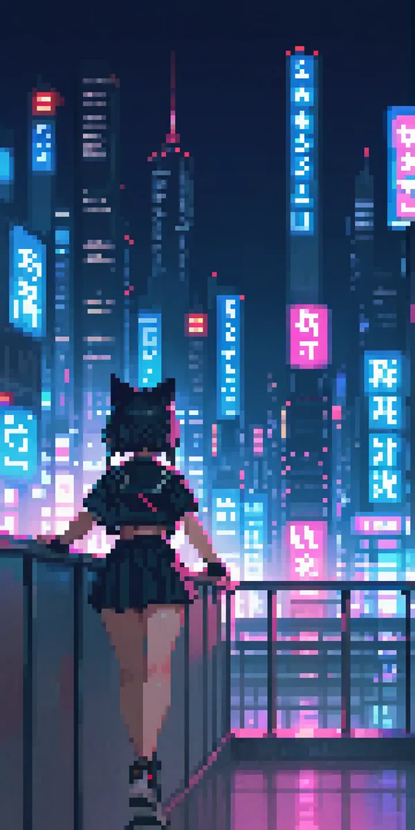 A cyberpunk cityscape with neon signs and an anime character standing on a balcony. AI generated image using Stable Diffusion.