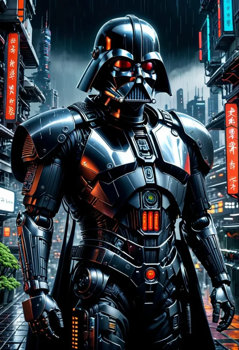 Cyberpunk Darth Vader with robotic armor in a futuristic city. AI generated image using Stable Diffusion.
