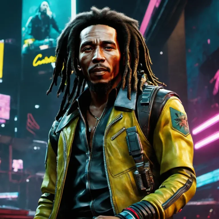 A highly detailed AI generated image of a man with dreadlocks in a cyberpunk style setting. He is wearing a yellow and black leather jacket, surrounded by neon lights.