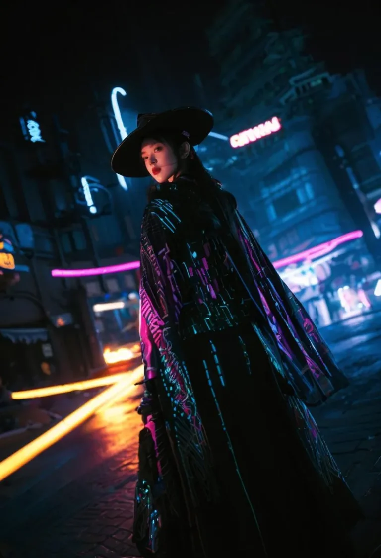A woman in cyberpunk attire with a black hat and glowing neon elements, standing on a futuristic city street at night. AI-generated image using Stable Diffusion.