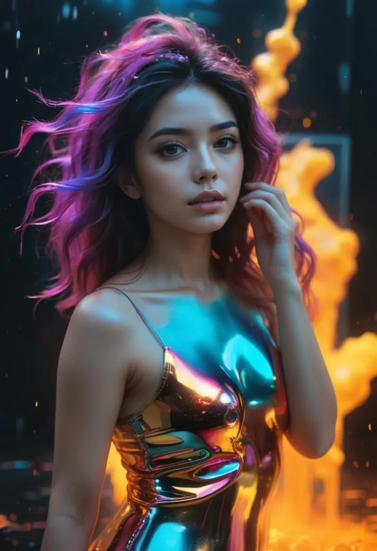 A portrait of a young woman with vibrant multicolored hair and a reflective, iridescent dress, in a cyberpunk style generated by AI using Stable Diffusion.