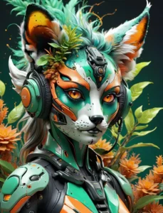 Cyberpunk-themed anthropomorphic robot cat wearing headphones, with vibrant colors and detailed design elements. AI generated image using stable diffusion.