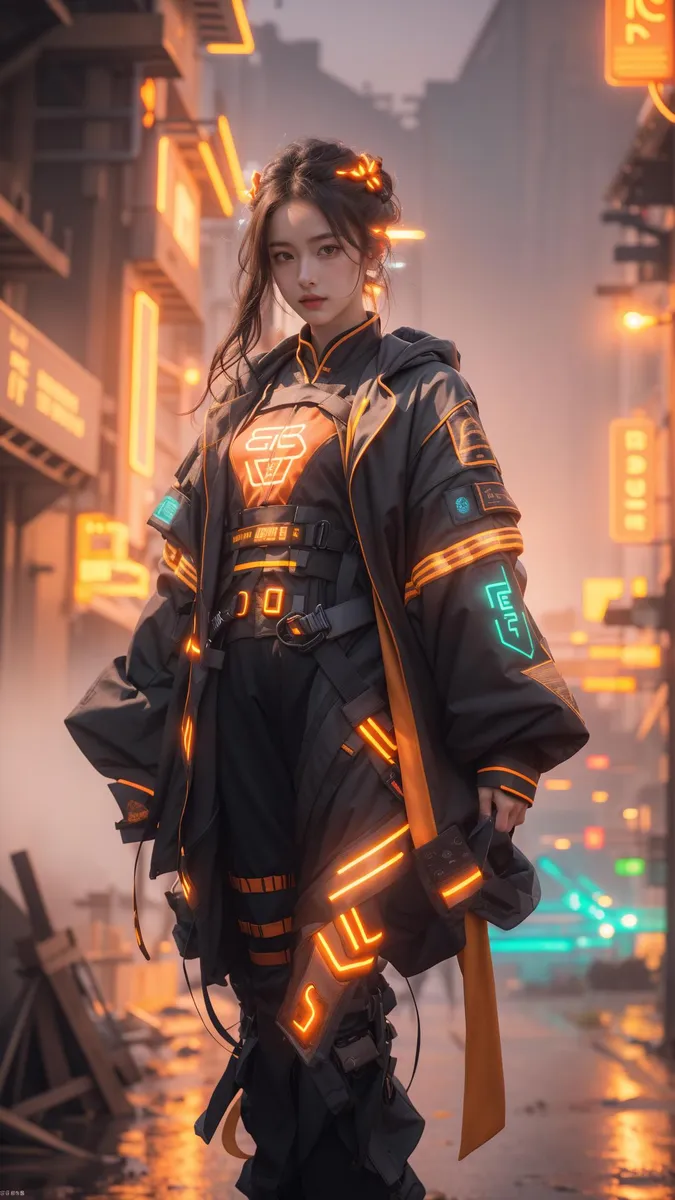 A stunning AI-generated image using Stable Diffusion depicting a cyberpunk female warrior standing in a futuristic cityscape with glowing neon lights and holographic displays.