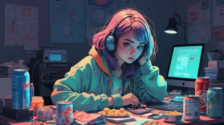 A cyberpunk gamer girl with pastel hair, wearing headphones, a green jacket, and surrounded by snacks and soda cans in a dimly lit room with a computer screen, generated using Stable Diffusion.
