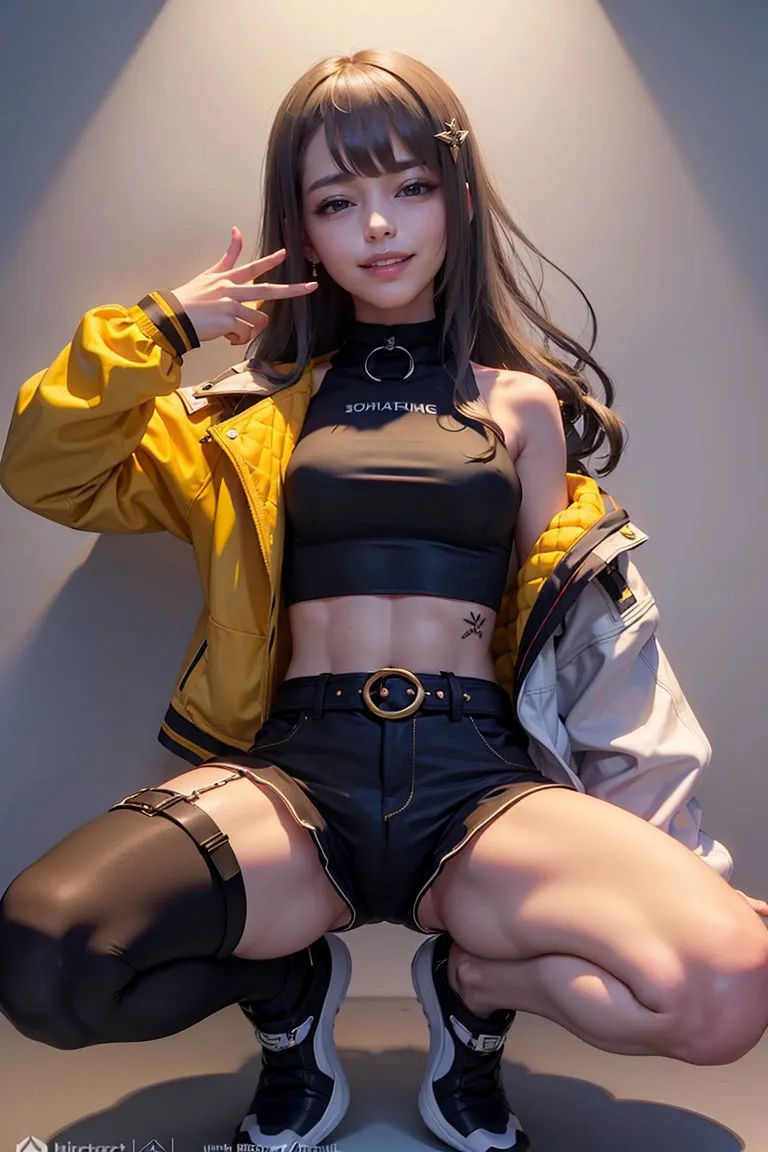 Stylish girl in cyberpunk fashion with yellow jacket and black outfit. AI-generated image using Stable Diffusion.
