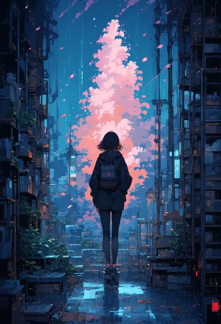 An AI generated image using Stable Diffusion, featuring a silhouette of a girl with short hair and a backpack, standing in a futuristic, neon-lit cityscape with towering buildings and lush greenery.