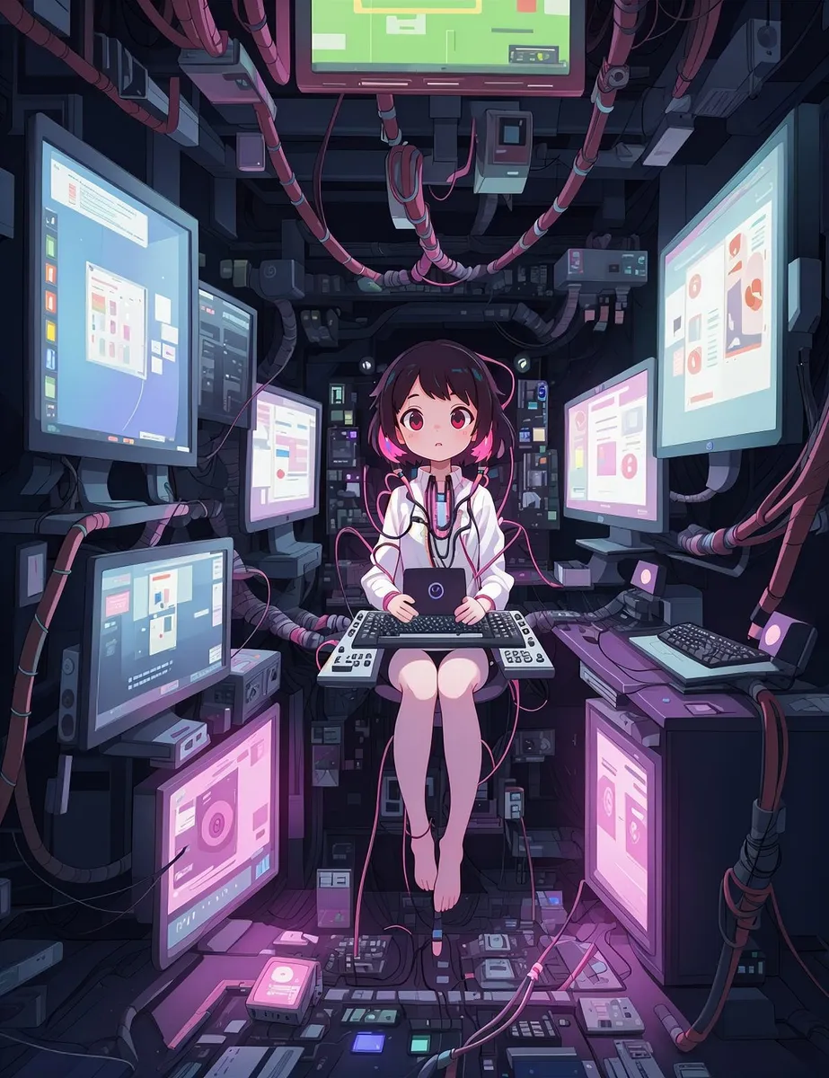 Anime-style image of a girl in a futuristic hacker room surrounded by multiple screens, generated using Stable Diffusion AI.
