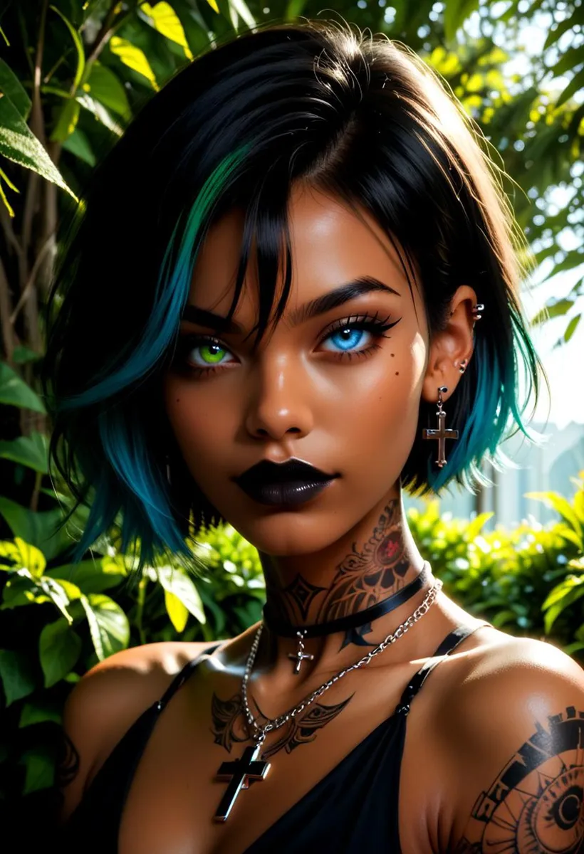 A cyberpunk style woman with striking heterochromia and intricate tattoos, AI generated using Stable Diffusion.