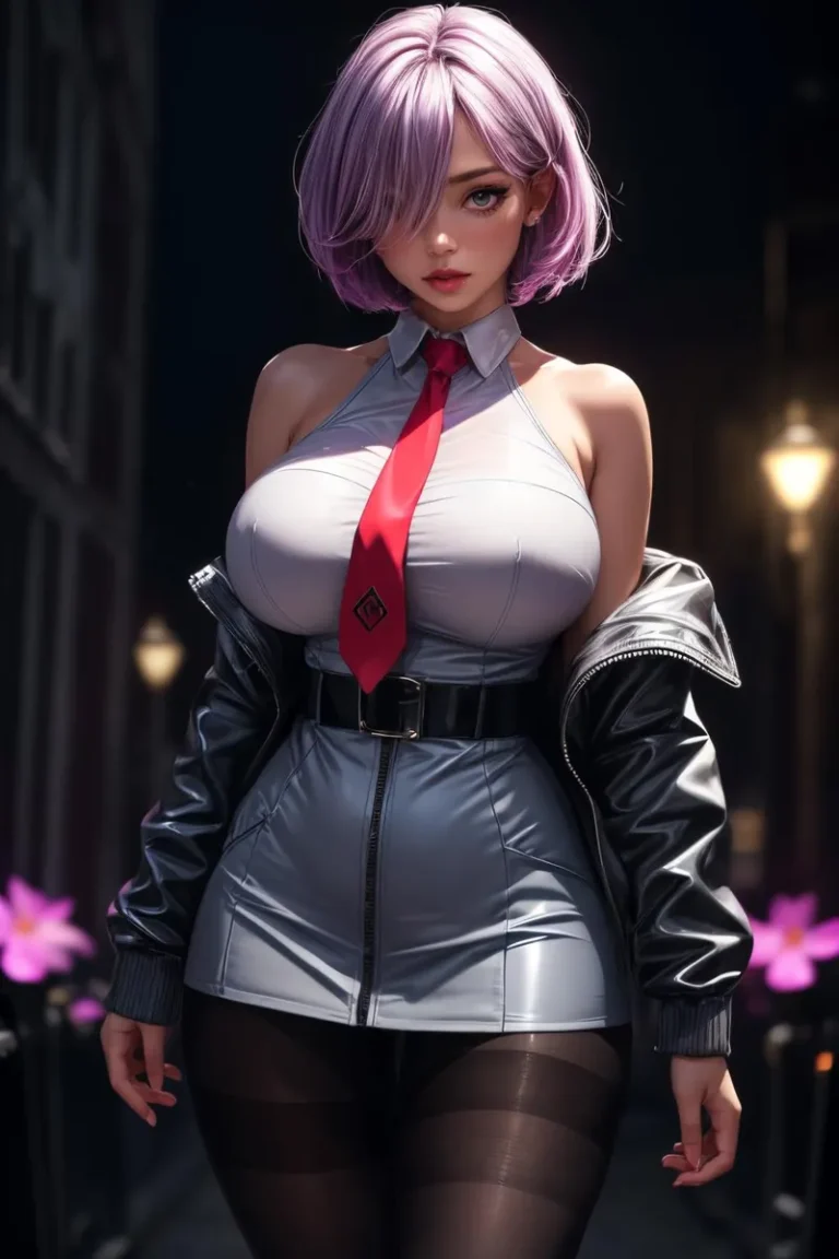 A cyberpunk-themed girl with pastel purple hair, wearing a stylish outfit that includes a tight grey vinyl top, short skirt, red tie, leather jacket, and stockings, AI-generated using Stable Diffusion.
