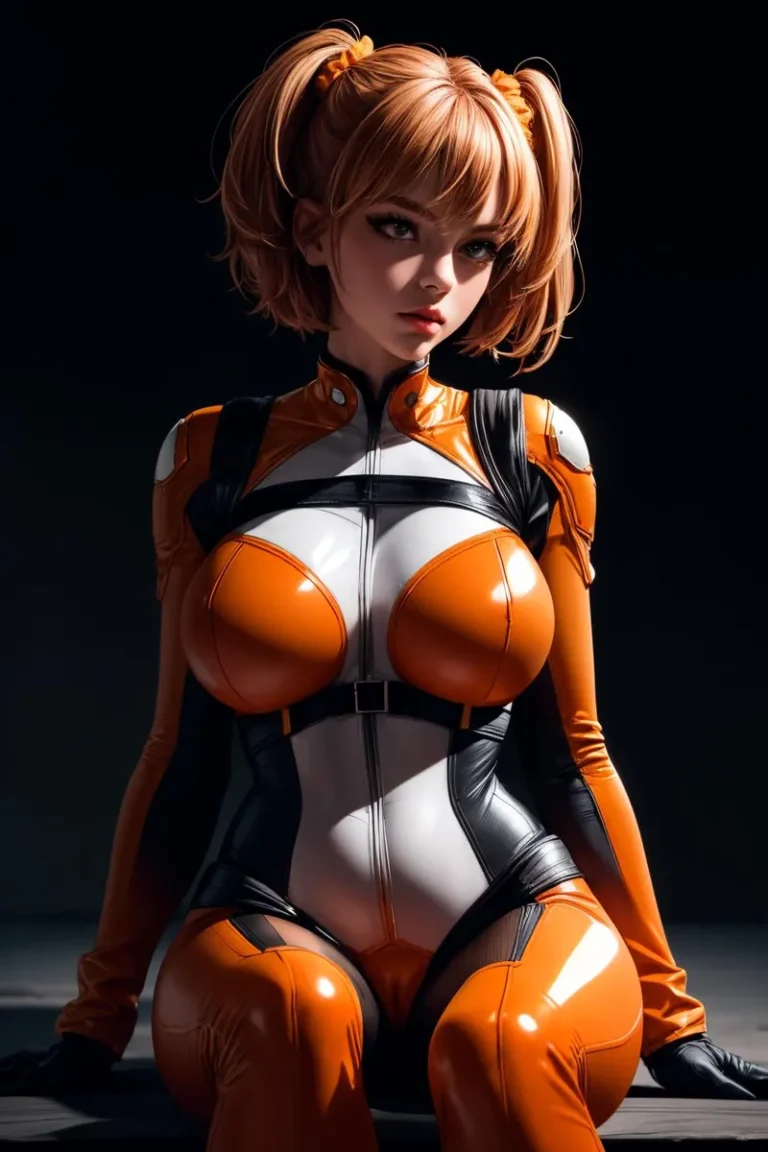 AI generated image of a cyberpunk girl in a vibrant sci-fi costume with striking orange and white patterns. Created using Stable Diffusion.