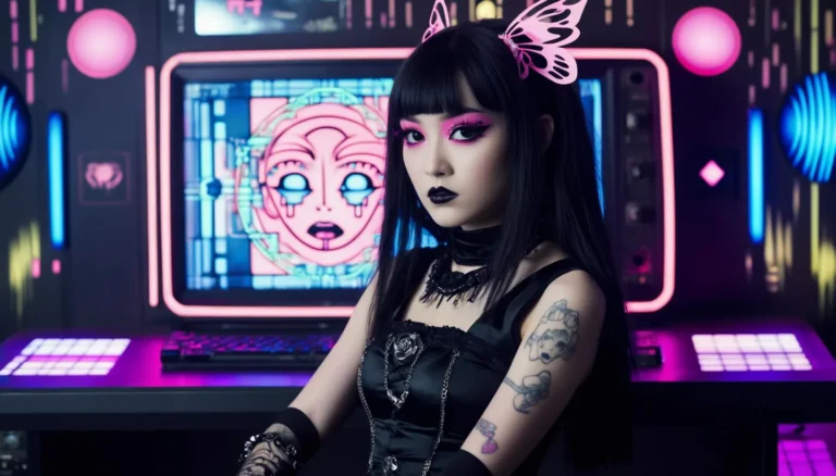 A cyberpunk-inspired gothic girl with dark makeup, black outfit, and pink butterfly hair accessory, sitting in front of a neon-lit computer screen. This is an AI generated image using Stable Diffusion.