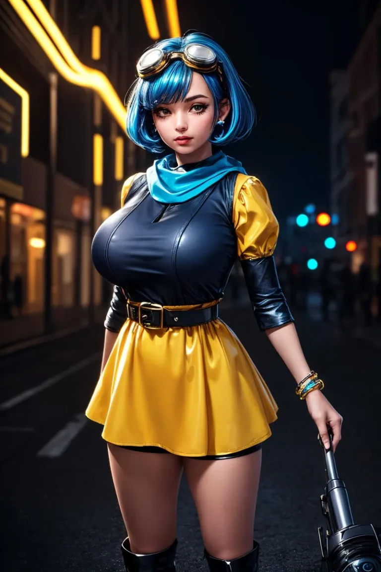 A cyberpunk heroine with blue hair and steampunk goggles, wearing a blue and yellow outfit on a neon-lit street at night. AI generated image using Stable Diffusion.