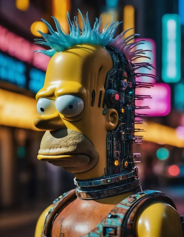 Cyberpunk styled Homer Simpson character with blue mohawk and cybernetic enhancements, created using Stable Diffusion.