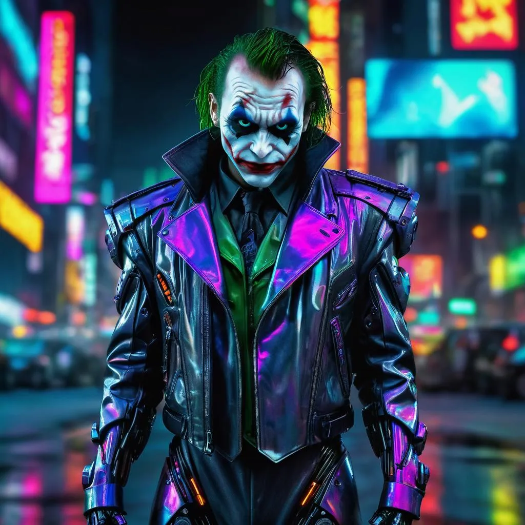 An AI generated image of a sinister looking Joker dressed in a cyberpunk style leather outfit with neon lights, against a futuristic urban backdrop.