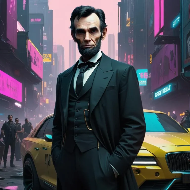 Abraham Lincoln dressed in a modern suit, standing in a futuristic neon-lit city alley, an AI generated image using Stable Diffusion.