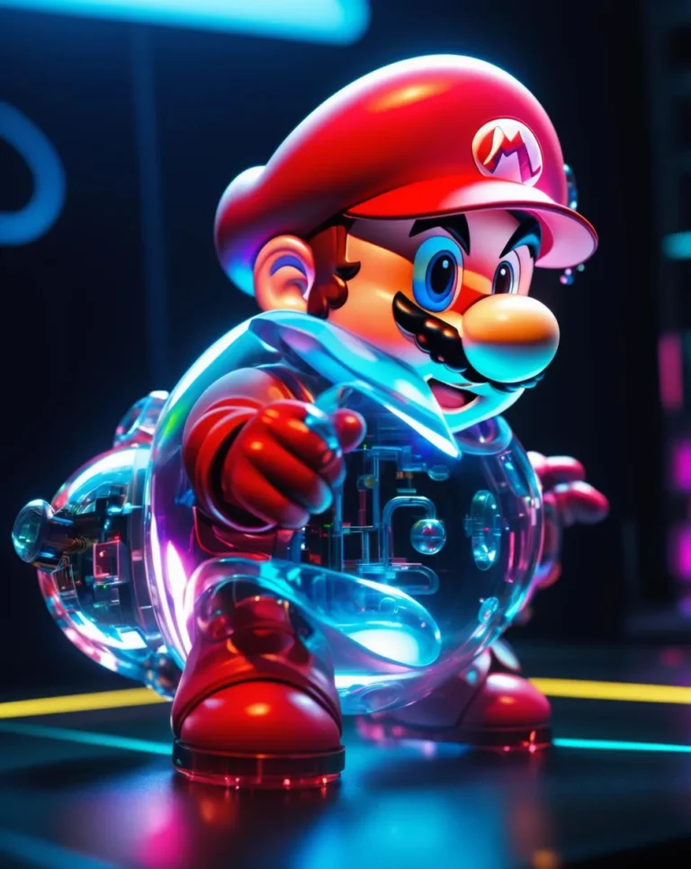 A 3D rendered image of Mario with cyberpunk elements, glowing neon lights, and futuristic details generated using Stable Diffusion.