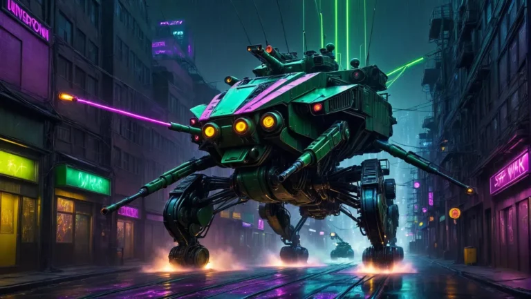 A cyberpunk mech in a futuristic city, AI generated image using Stable Diffusion.
