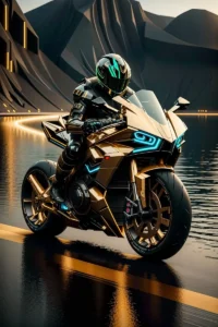 Futuristic motorcycle with a cyberpunk rider, showcasing advanced technology in a sci-fi setting. AI generated image using Stable Diffusion.