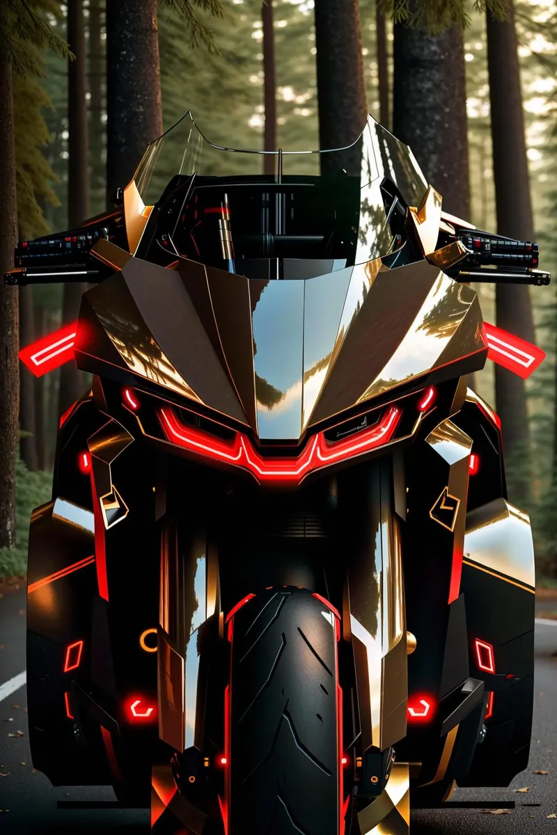 Futuristic motorcycle with a sleek, angular design, glowing red accents, and an illuminated forest backdrop. AI generated image using stable diffusion.
