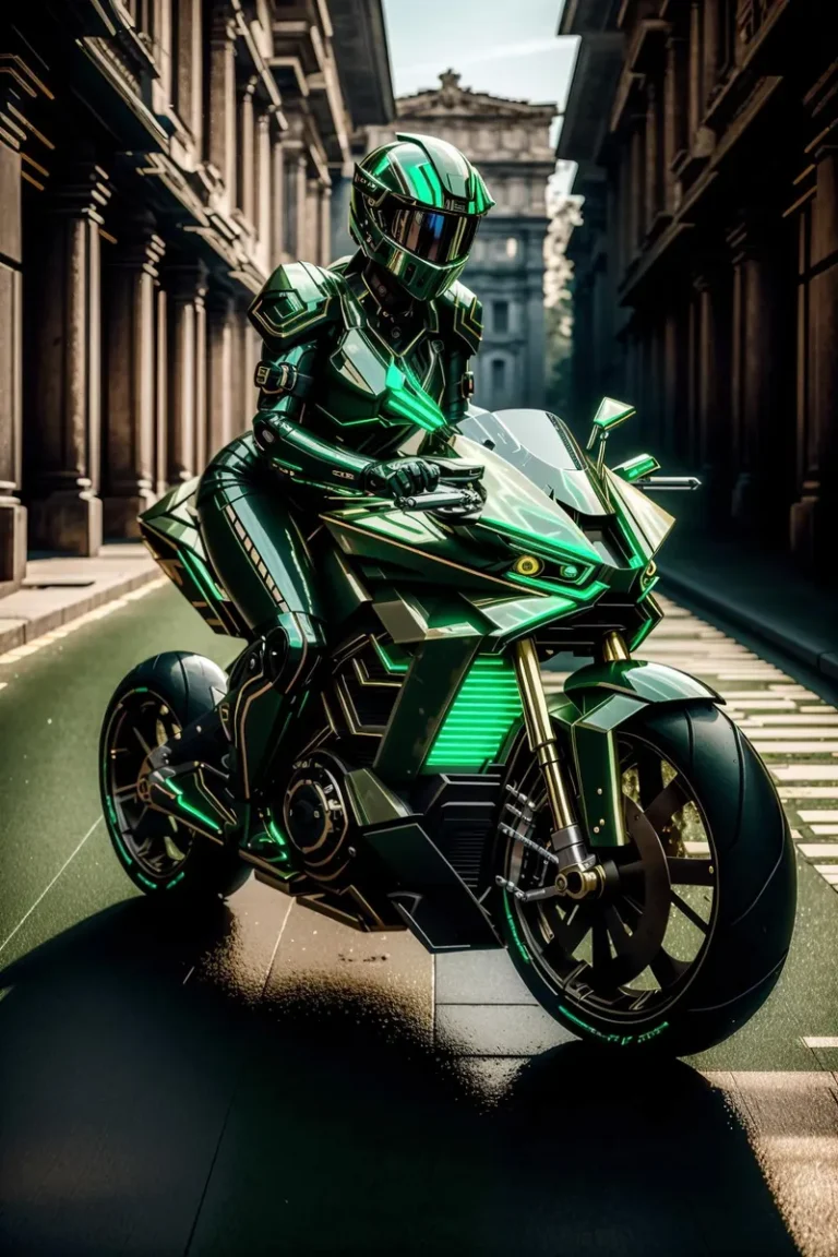Futuristic rider in green neon suit on cyberpunk motorcycle in urban dystopian street. AI generated image using stable diffusion.