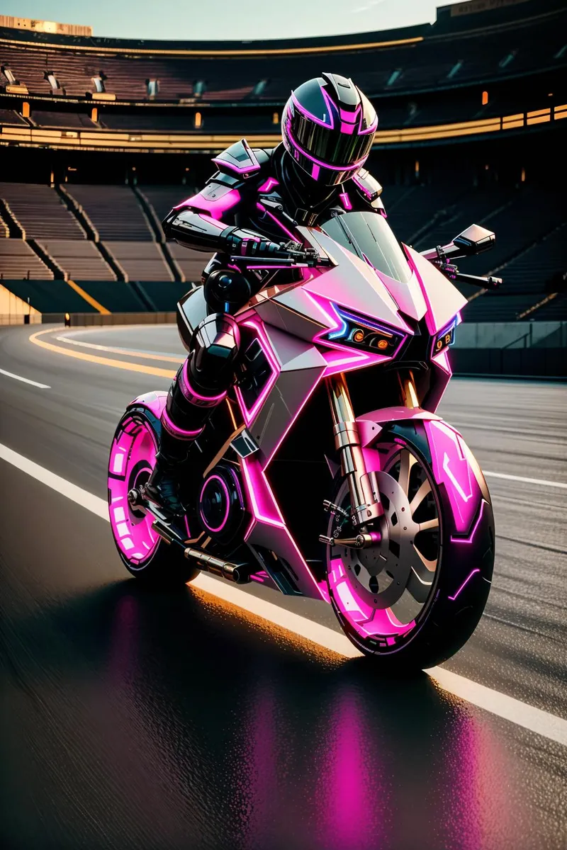 A cyberpunk-themed motorcycle rider with futuristic neon lighting riding on a sleek, modern race track. AI generated image using stable diffusion.