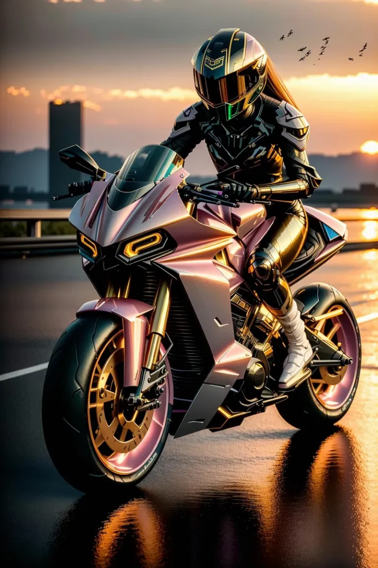 Cyberpunk-themed motorcyclist in a sleek suit riding a futuristic motorcycle at sunset. AI generated image using stable diffusion.