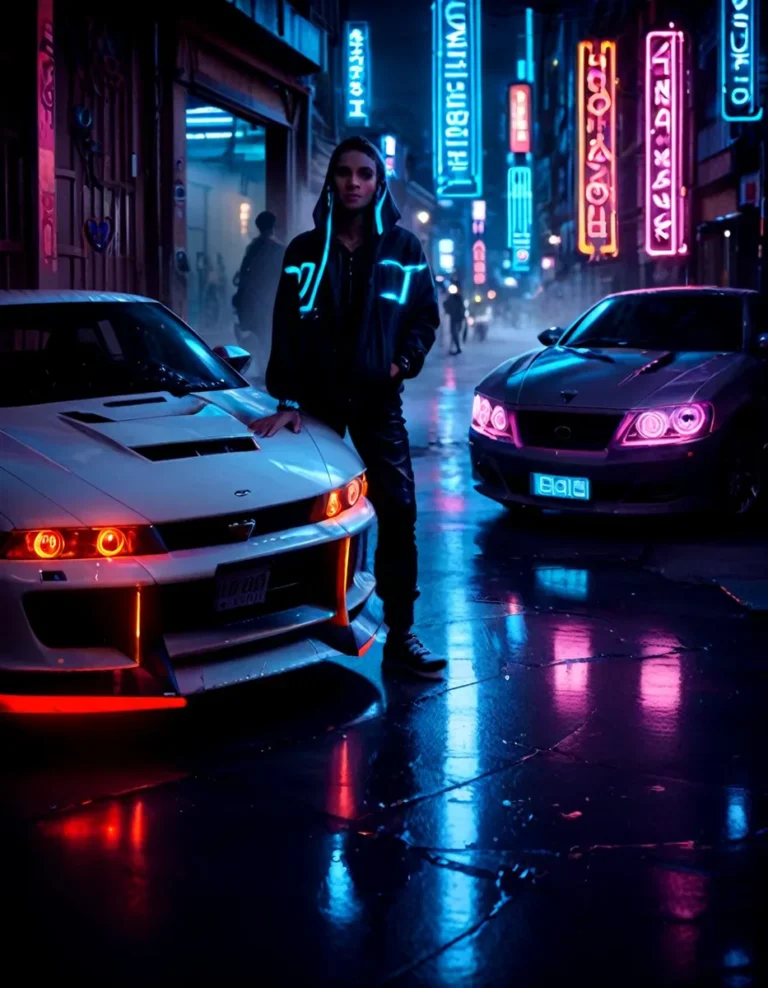 Cyberpunk-themed AI generated image using Stable Diffusion featuring a person in a neon-lit city street with futuristic cars.