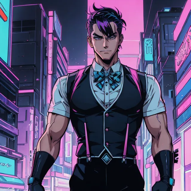AI generated image of a muscular man with purple hair standing in a futuristic neon-lit city, wearing a vest and bow tie, created using Stable Diffusion.