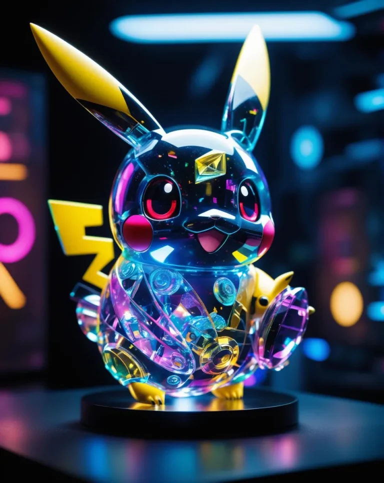 A futuristic, cyberpunk-style Pikachu sculpture with glowing, vibrant lights, created using stable diffusion.