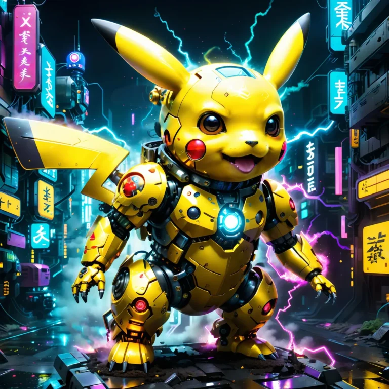 AI generated image using stable diffusion of a cyberpunk Pikachu in a neon-lit futuristic city.