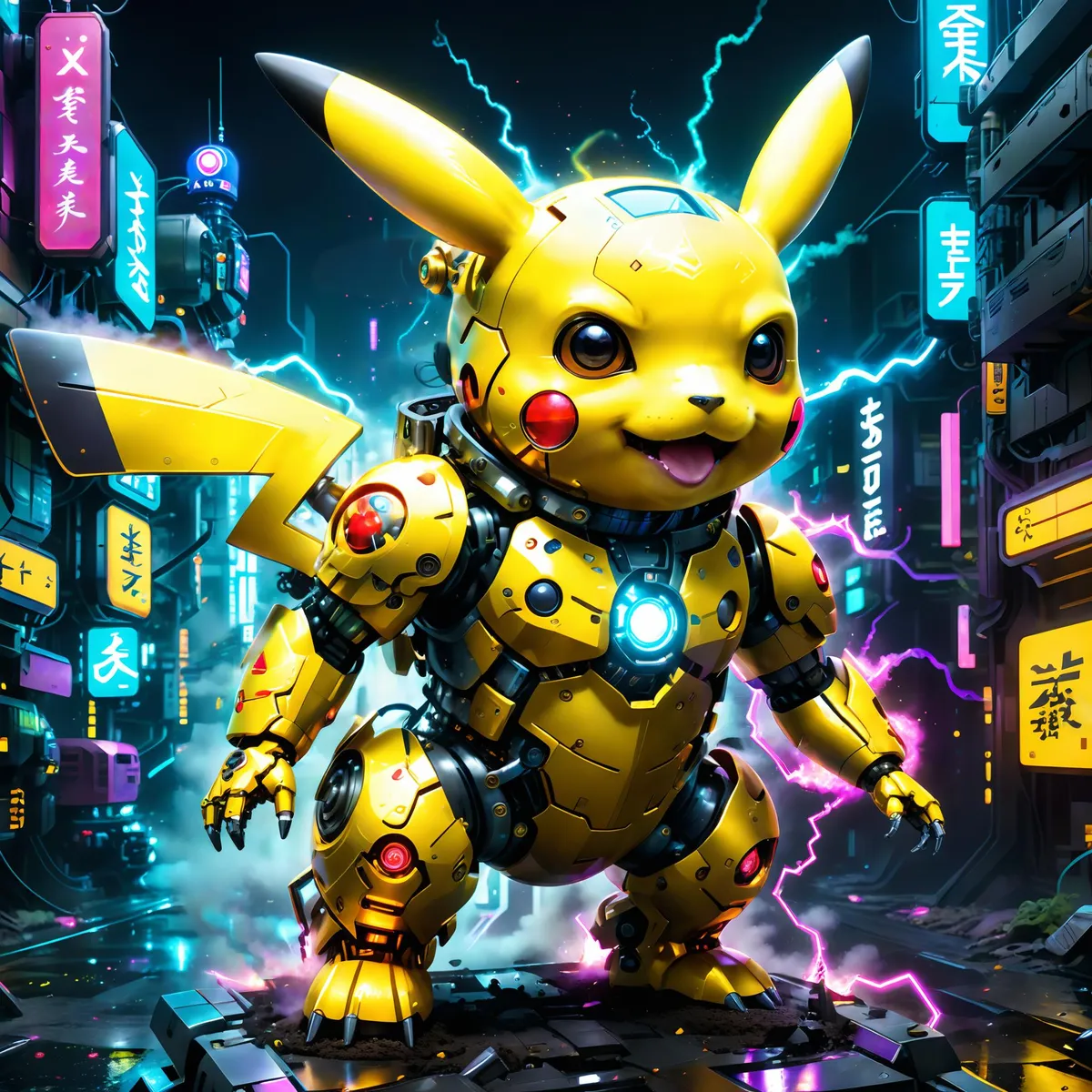 AI generated image using stable diffusion of a cyberpunk Pikachu in a neon-lit futuristic city.