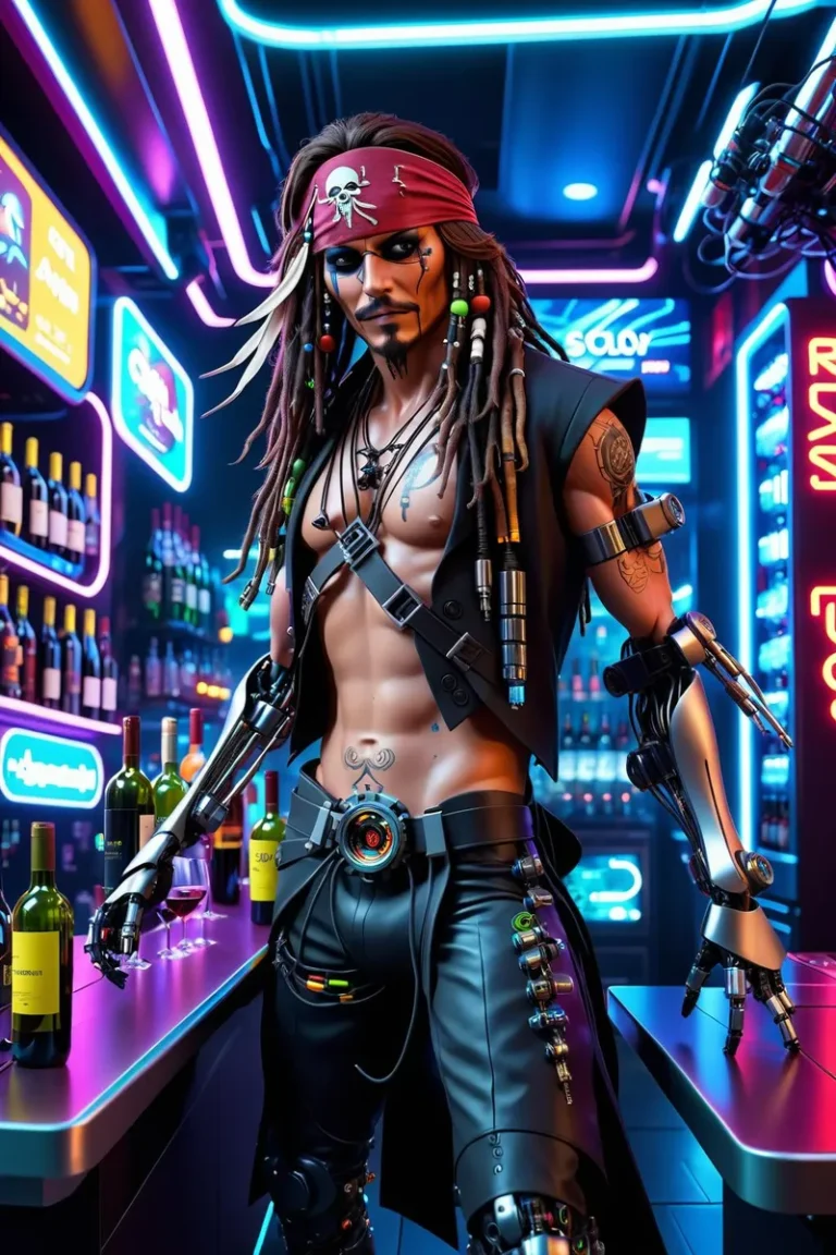 A cyberpunk pirate with robotic arms and futuristic attire standing in a neon-lit bar, created using Stable Diffusion AI.