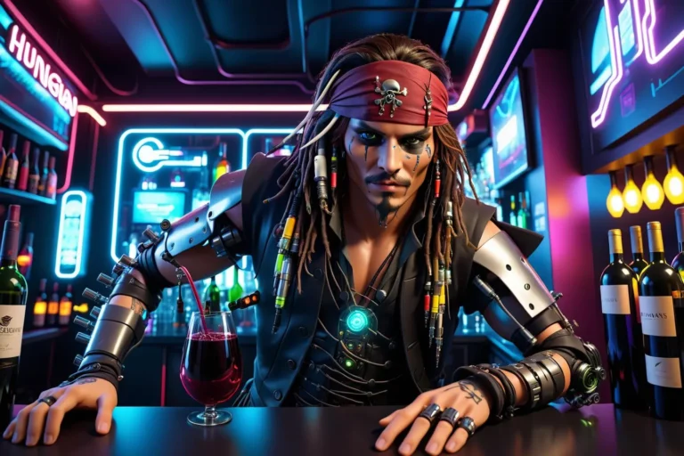 Cyberpunk pirate with mechanical arms bartending in a neon-lit bar, AI generated image using Stable Diffusion.
