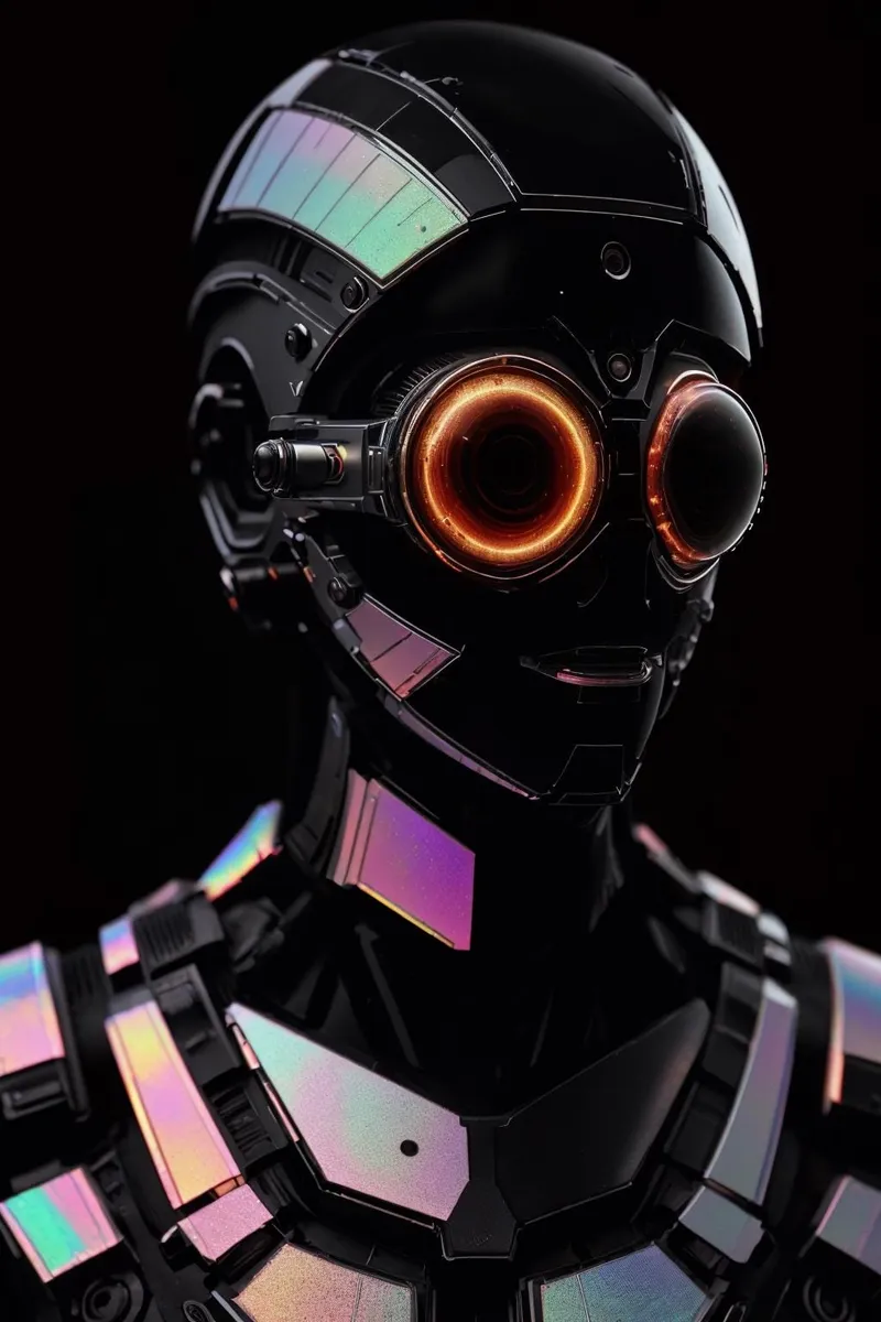 AI generated image of a futuristic robot with a cyberpunk design, featuring iridescent panels and glowing orange eyes using stable diffusion.