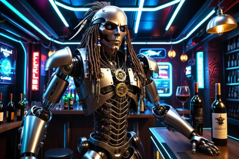 AI generated image of a cyberpunk robot bartender with intricate hair and mechanical details, serving wine bottles in a neon-lit futuristic bar using Stable Diffusion.