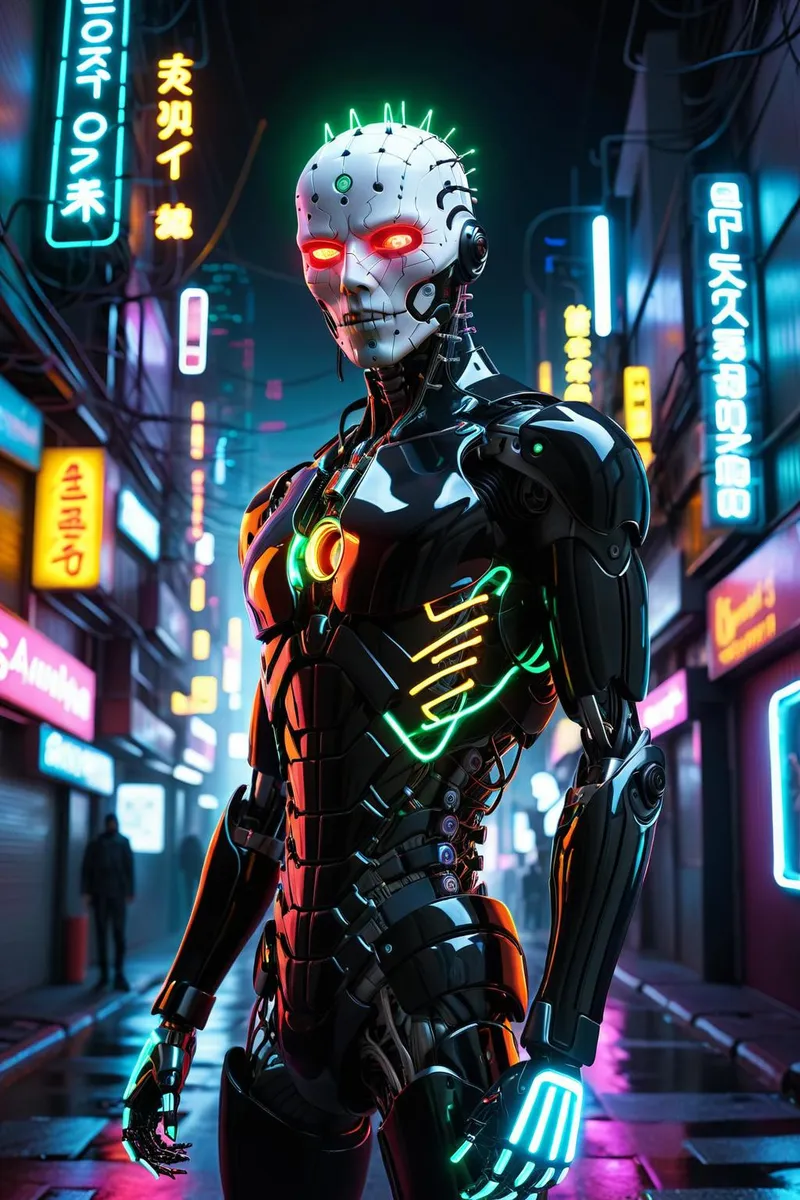 A futuristic cyberpunk robot with glowing neon accents stands in a neon-lit cityscape, created using Stable Diffusion.