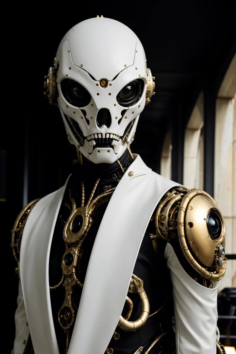 A cyberpunk-themed robot with a skull face mask, dressed in a detailed mechanical suit with ornate golden and white elements. AI generated image using Stable Diffusion.