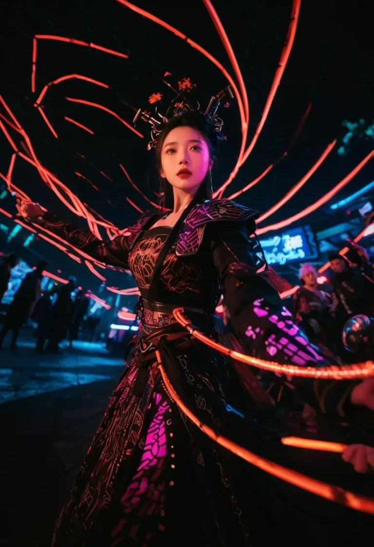 A futuristic warrior in elaborate cyberpunk attire standing under vibrant neon lights, created using Stable Diffusion.