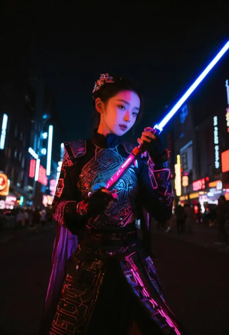 A cyberpunk samurai wielding a glowing neon sword, standing in a bustling cityscape at night, dressed in intricate futuristic armor. This is an AI generated image using stable diffusion.