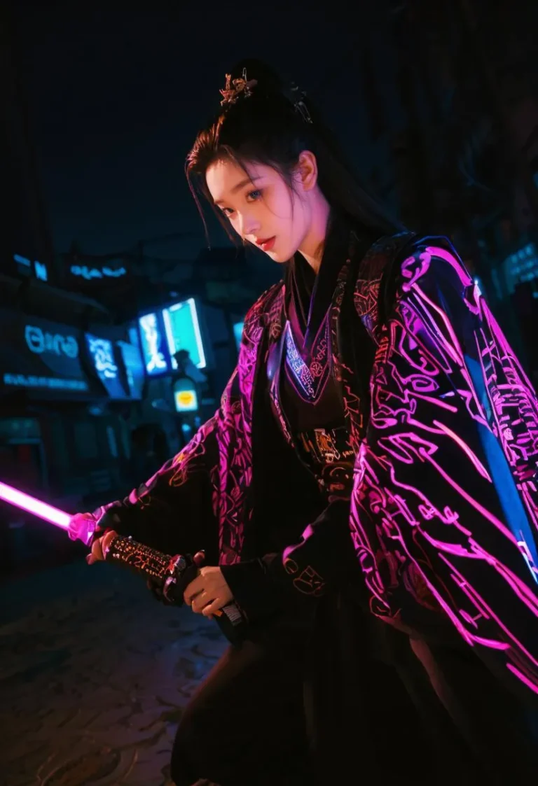 AI generated image using stable diffusion of a cyberpunk samurai wielding neon katana with glowing pink patterns on robe, in futuristic cityscape.