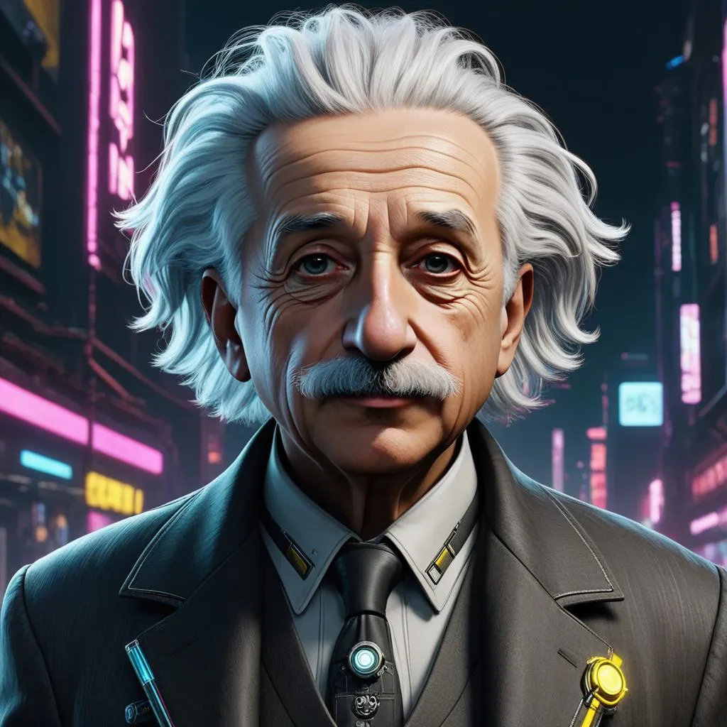 Elderly scientist in a futuristic cityscape, detailed portrait, AI generated using Stable Diffusion