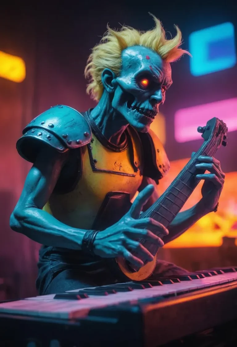 Cyberpunk skeleton with glowing red eyes playing a guitar in a neon-lit environment. Emphasize that this is an AI generated image using Stable Diffusion.