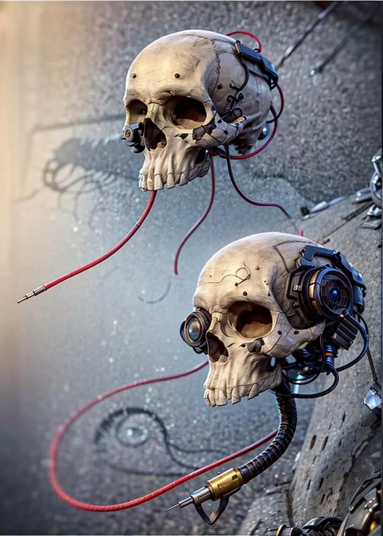 AI generated image of a cyberpunk-themed skull equipped with futuristic technology, created using stable diffusion.